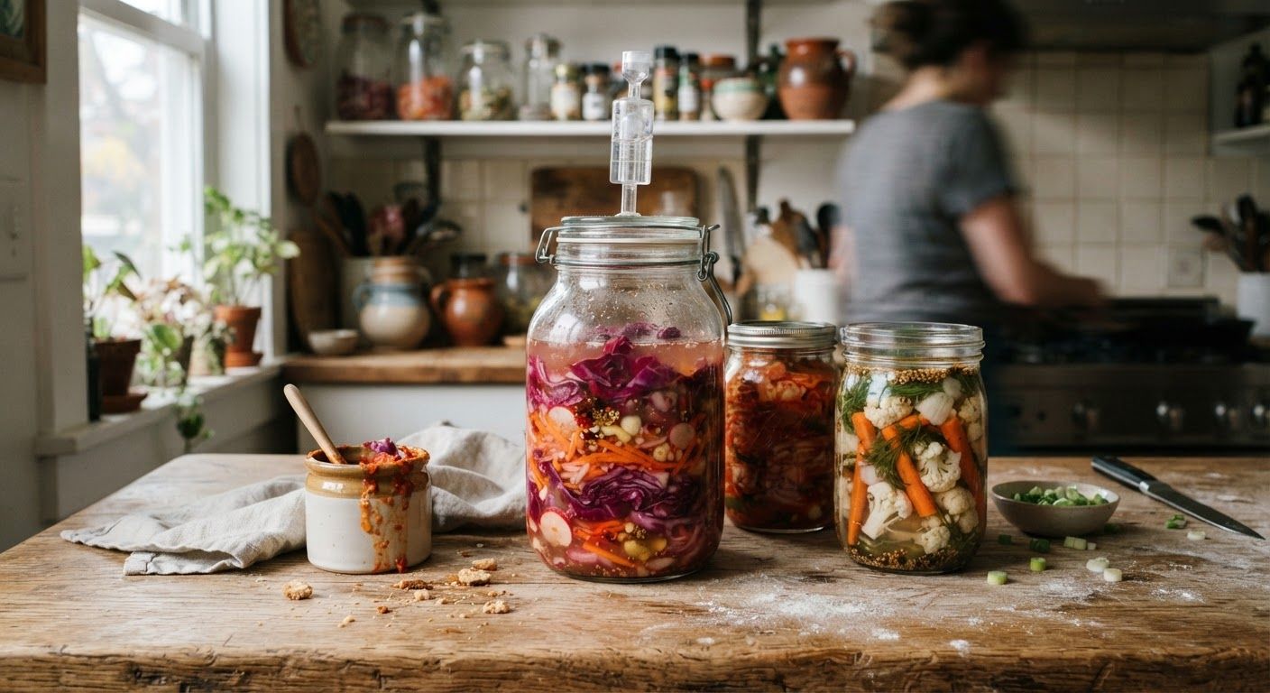 Traditional glass fermentation jars filled with vibrant red cabbage kimchi and fermented vegetables on a clean wooden kitchen counter.