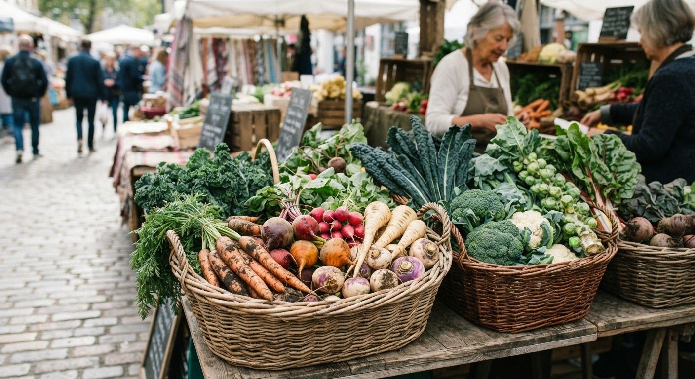 A vibrant display of fresh seasonal root vegetables, leafy kale, and brassicas freshly harvested in woven baskets at an outdoor market.
