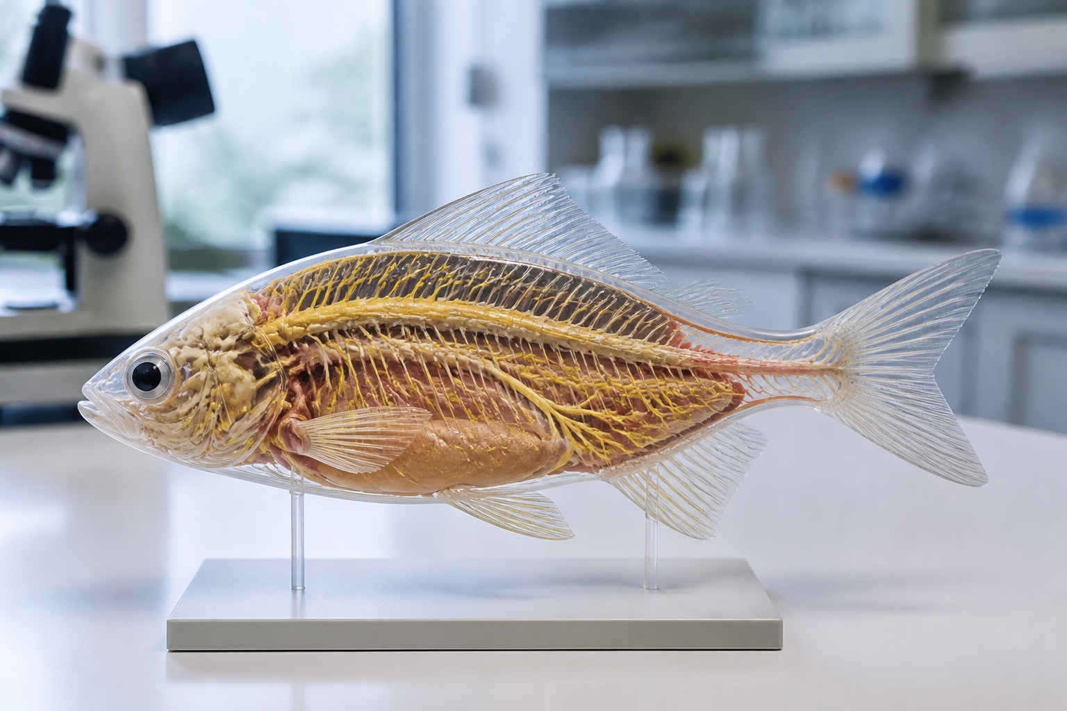 A clean, professional laboratory setting showing a detailed anatomical model of a fish nervous system on a white desk.