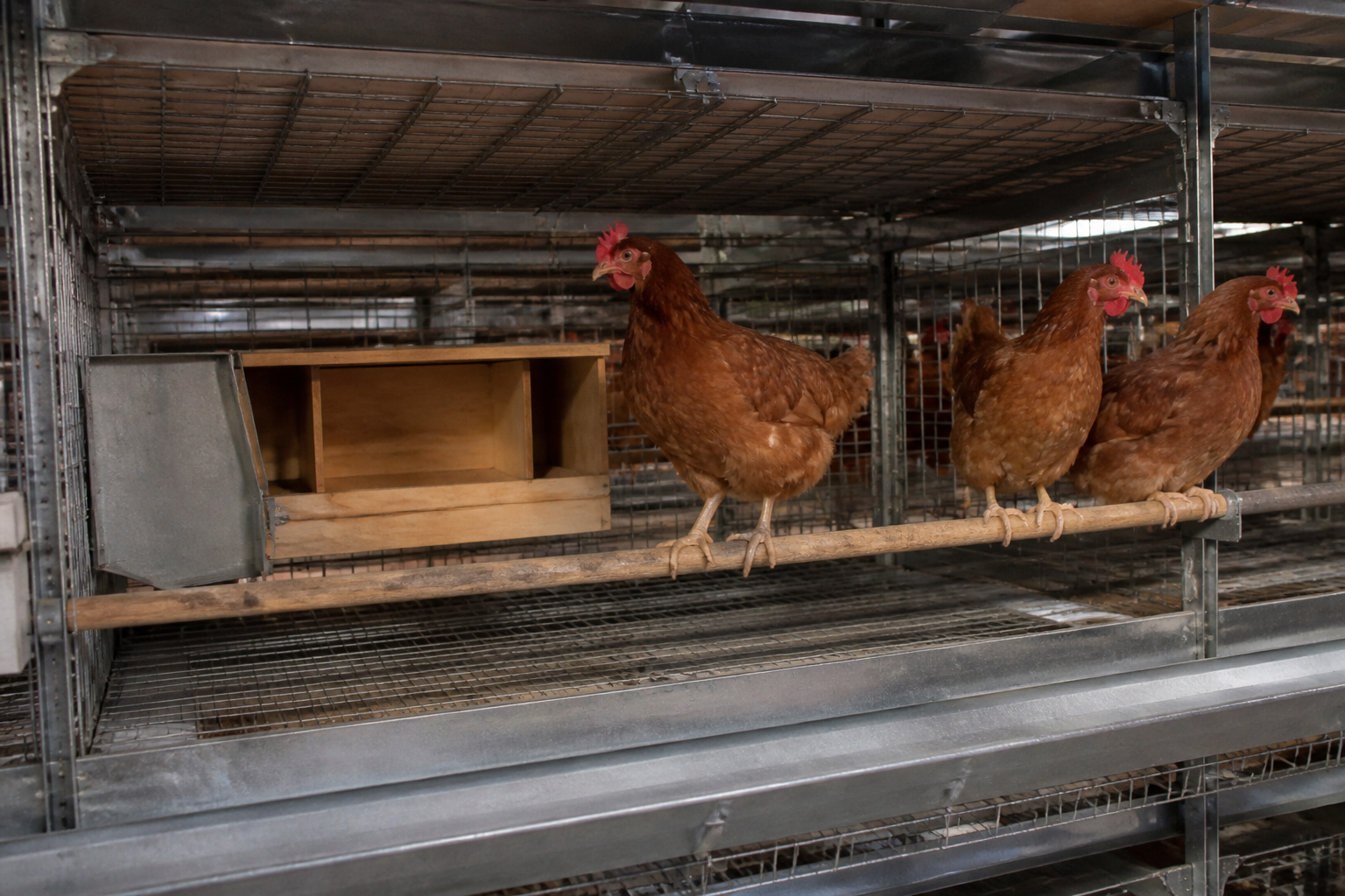 A medium shot of an enriched cage system showing a nesting box and a wooden perch with a few hens, internal warehouse lighting.