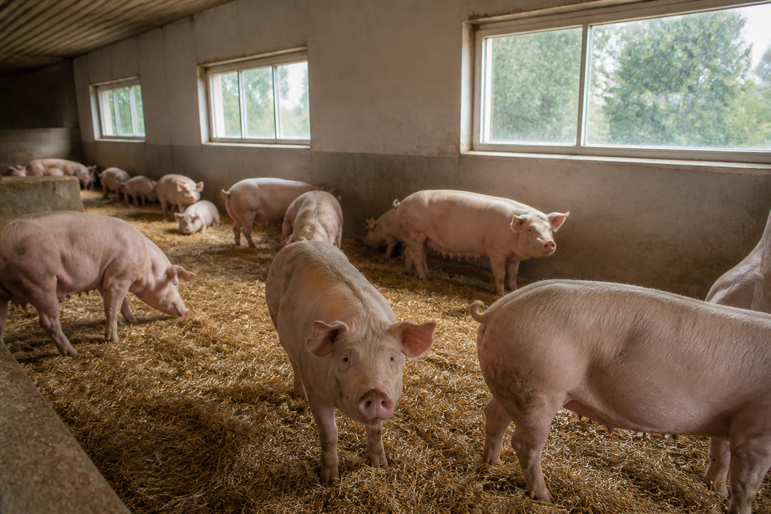 A wide-angle documentary photograph of sows in an enriched group housing environment with straw bedding and natural light coming through windows.