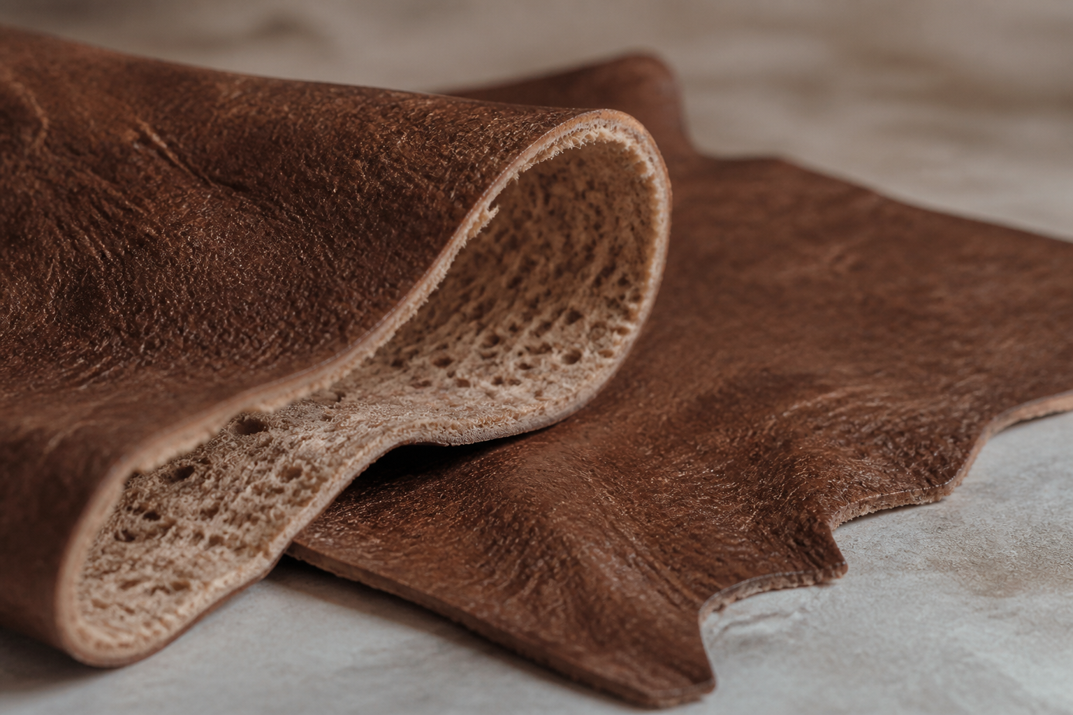 Close-up of sustainable vegan leather made from mushroom mycelium, showing a natural porous texture and earthy brown tones, soft side lighting.