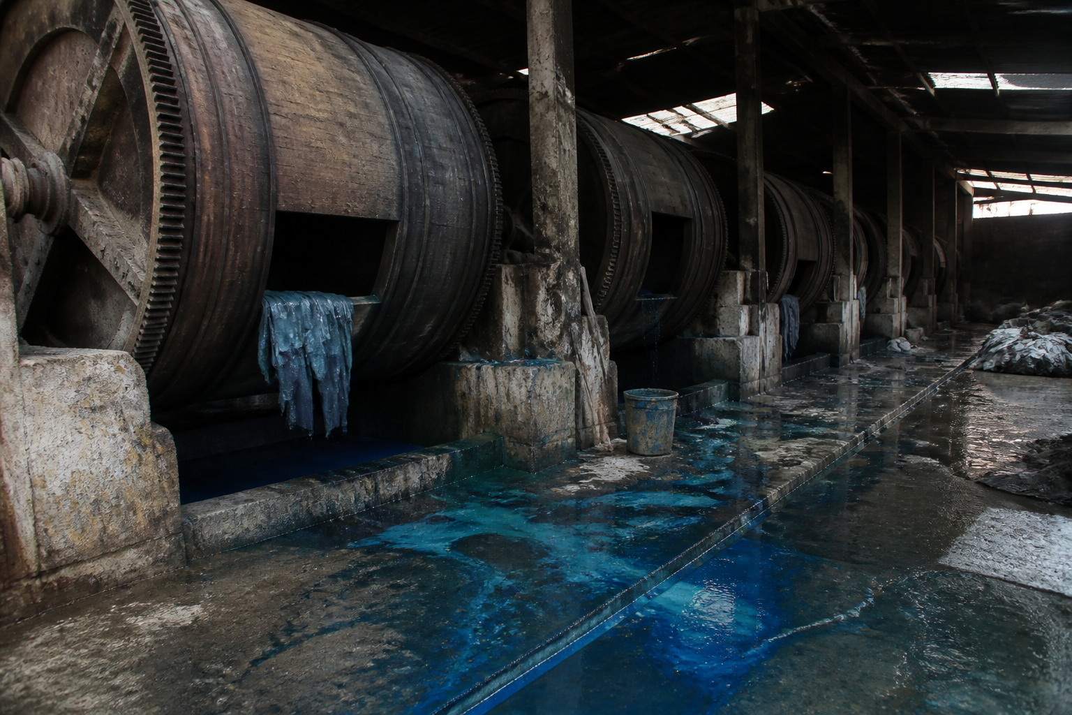 A row of large, weathered wooden tanning drums inside a dimly lit factory, surrounded by puddles of blue chemical liquid on a concrete floor.