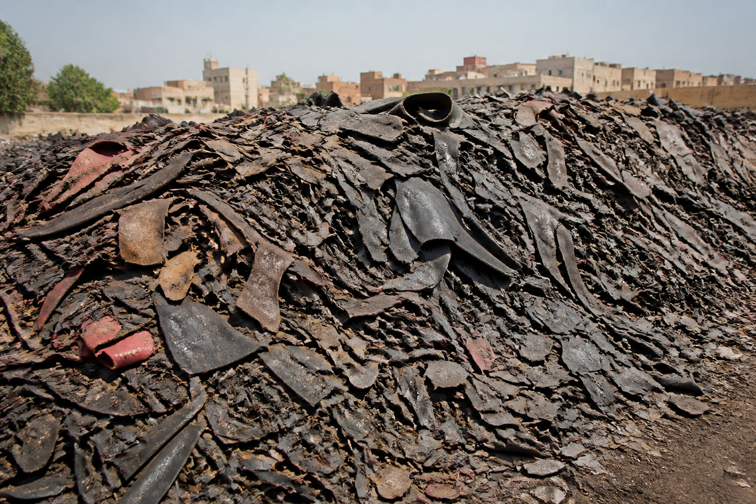 A mountain of discarded leather trimmings and scraps piled high in an open-air dump site near a residential area, under a harsh midday sun.