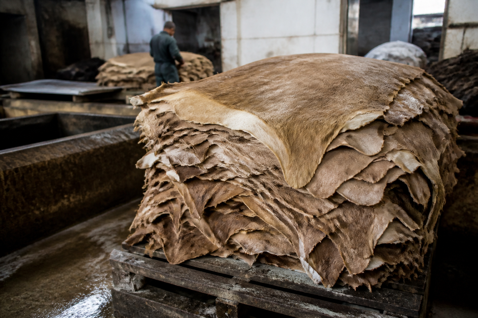 Stacks of cattle hides in a tannery preparation area, realistic industrial scene without branding or text.