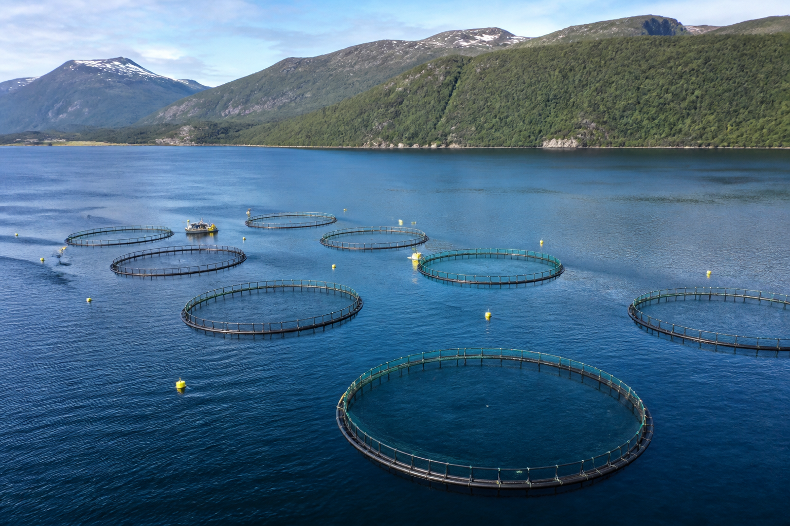 Aerial view of a cluster of circular open-net salmon cages in a deep blue Norwegian fjord, surrounded by calm water.