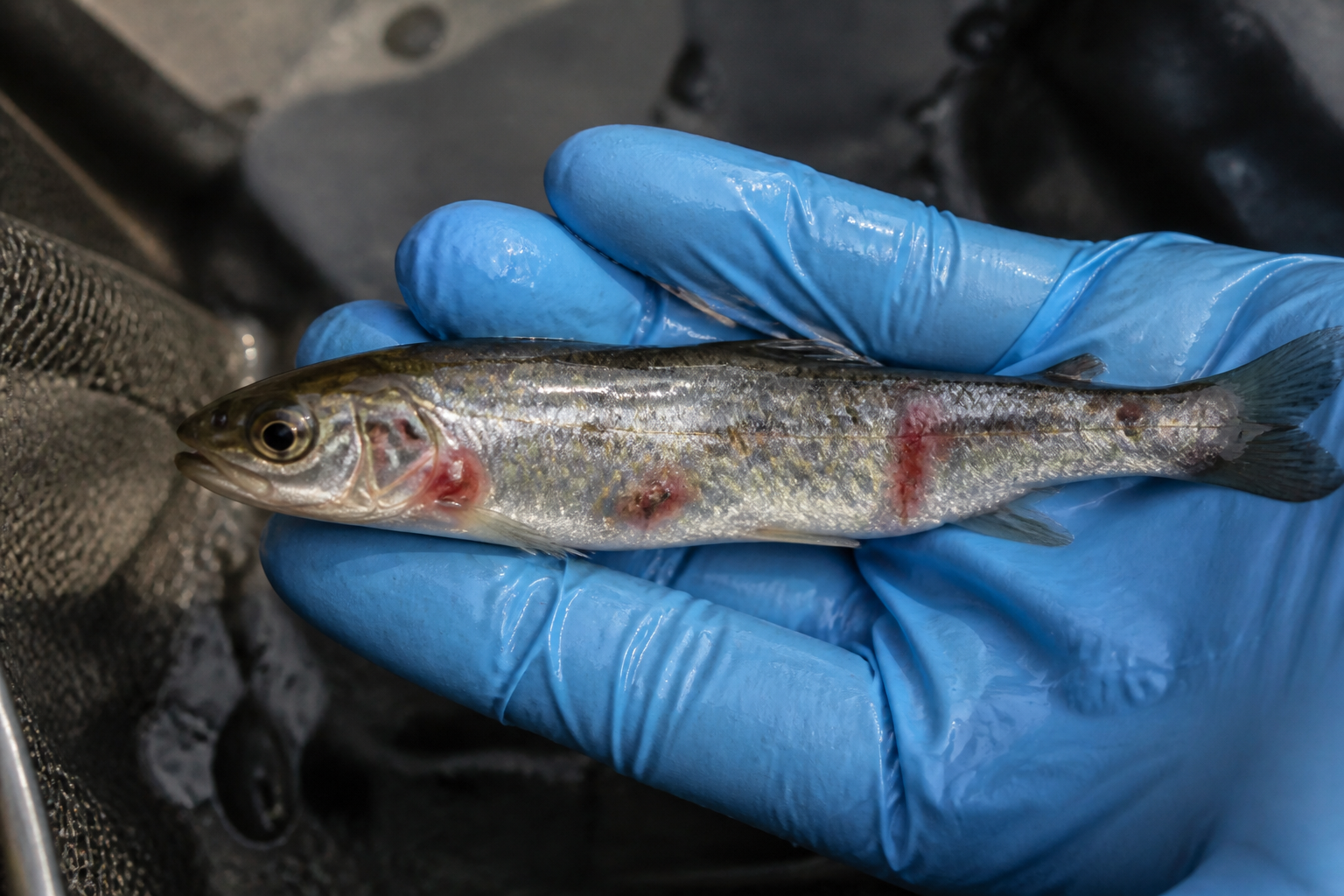 A small juvenile wild salmon smolt held in a researcher's gloved hand, showing visible red sores from sea lice infestation.