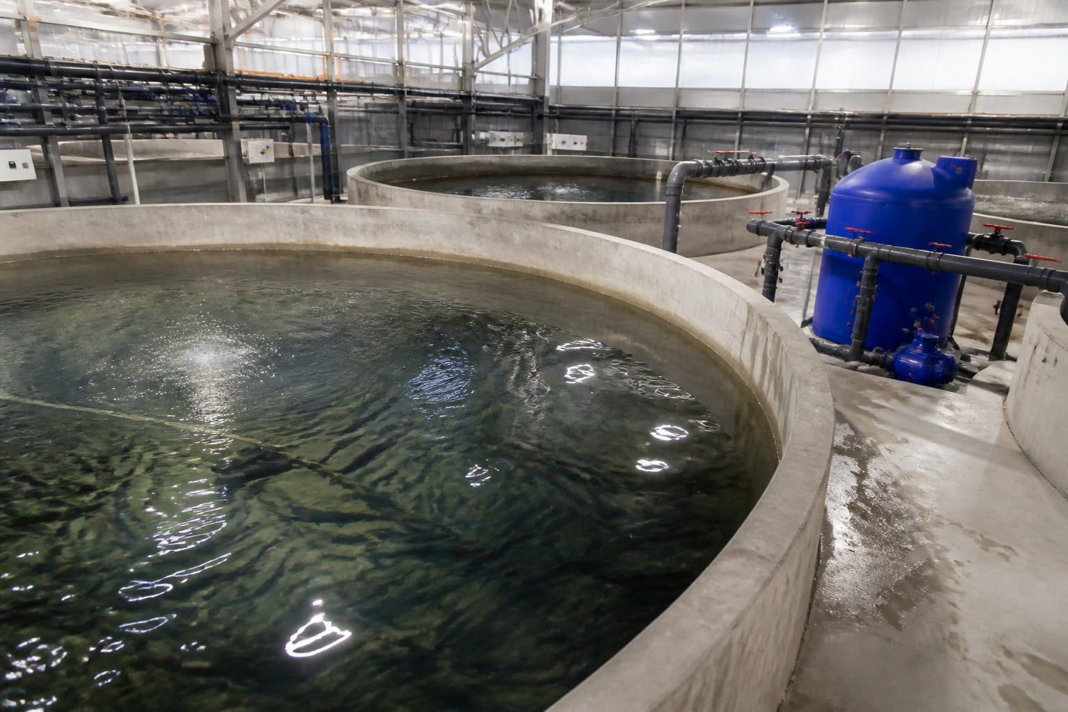 Interior of a modern land-based fish farm with large clean indoor concrete tanks and complex water filtration pipes, bright lighting.