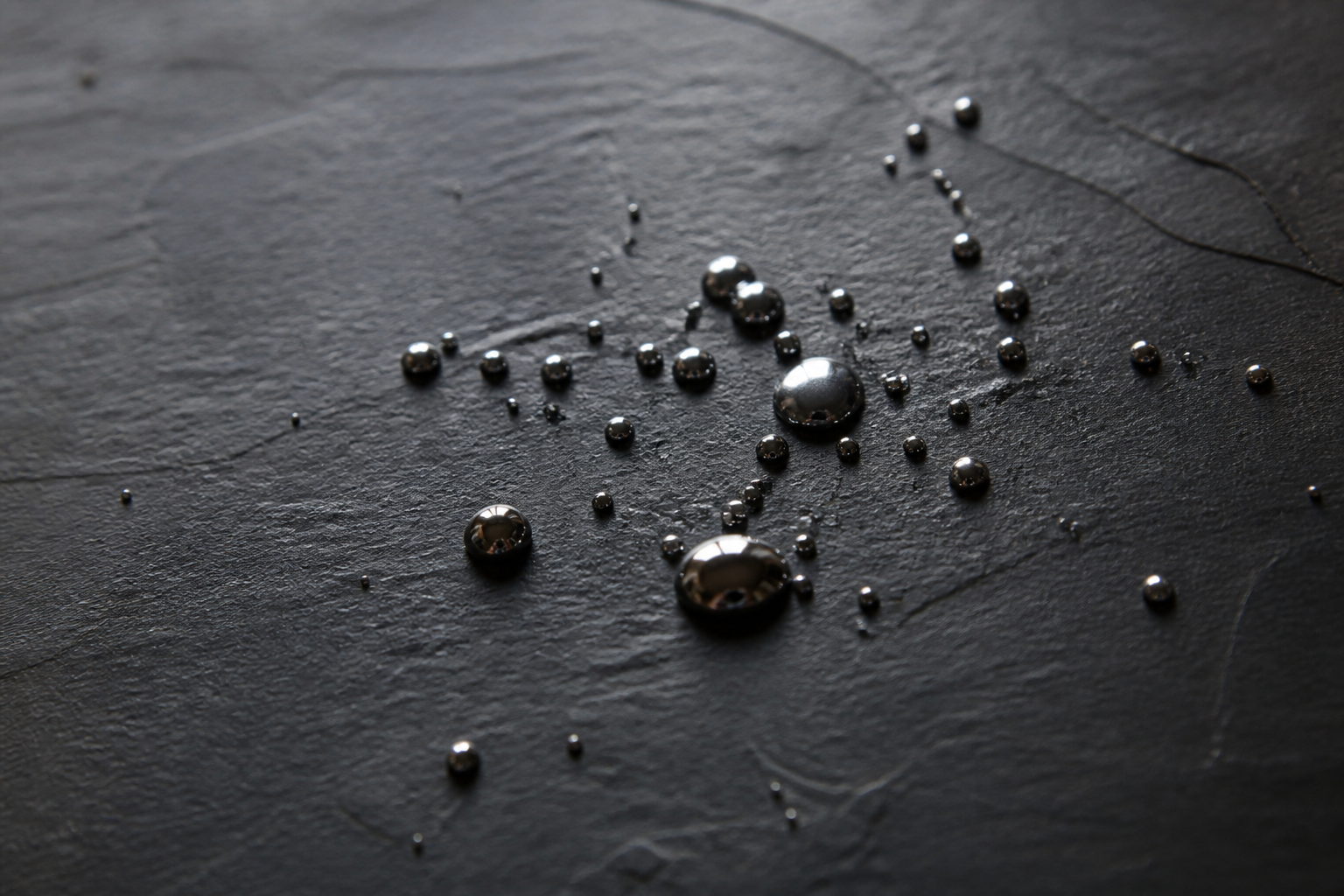 Small droplets of liquid metallic mercury scattered on a dark slate surface, dramatic side lighting reflecting off the metal.