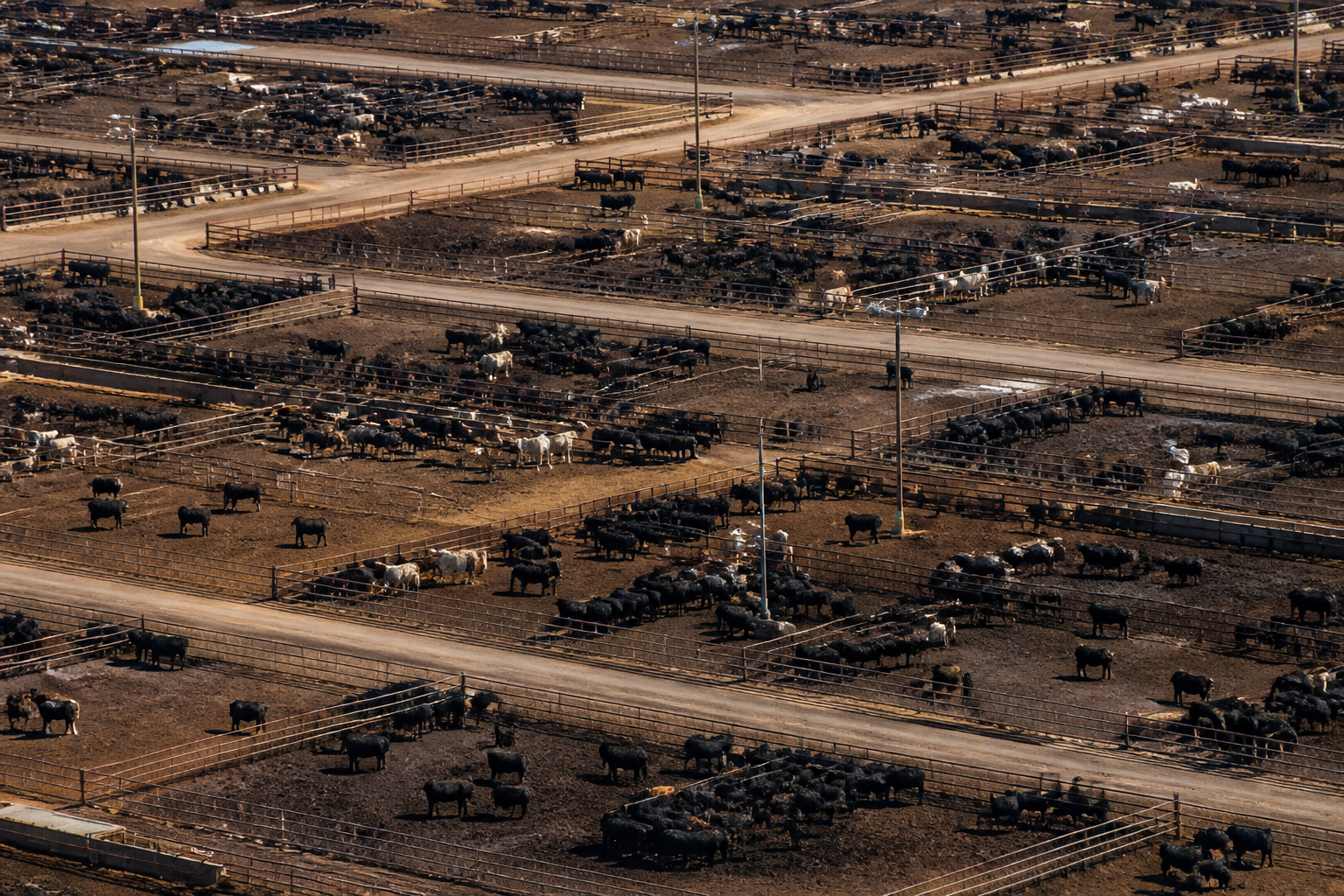 Aerial photograph of a dense cattle feedlot with repeating pens and service roads, clear editorial view.