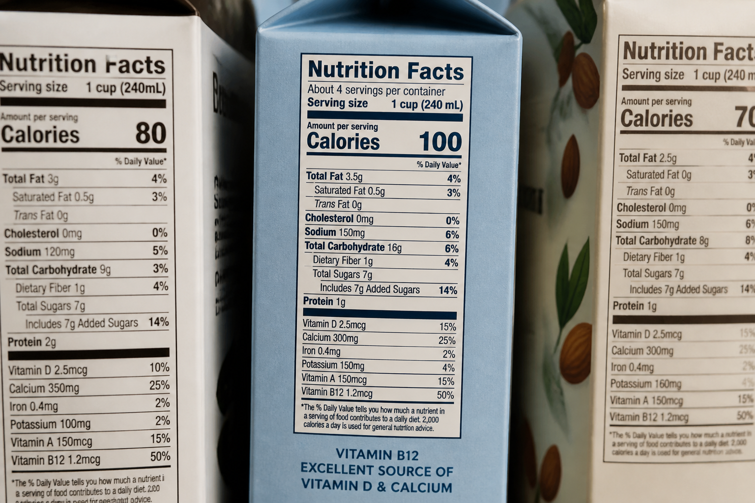 Macro shot of nutritional labels on various plant-based milk cartons, focusing on the vitamin B12 enrichment text.