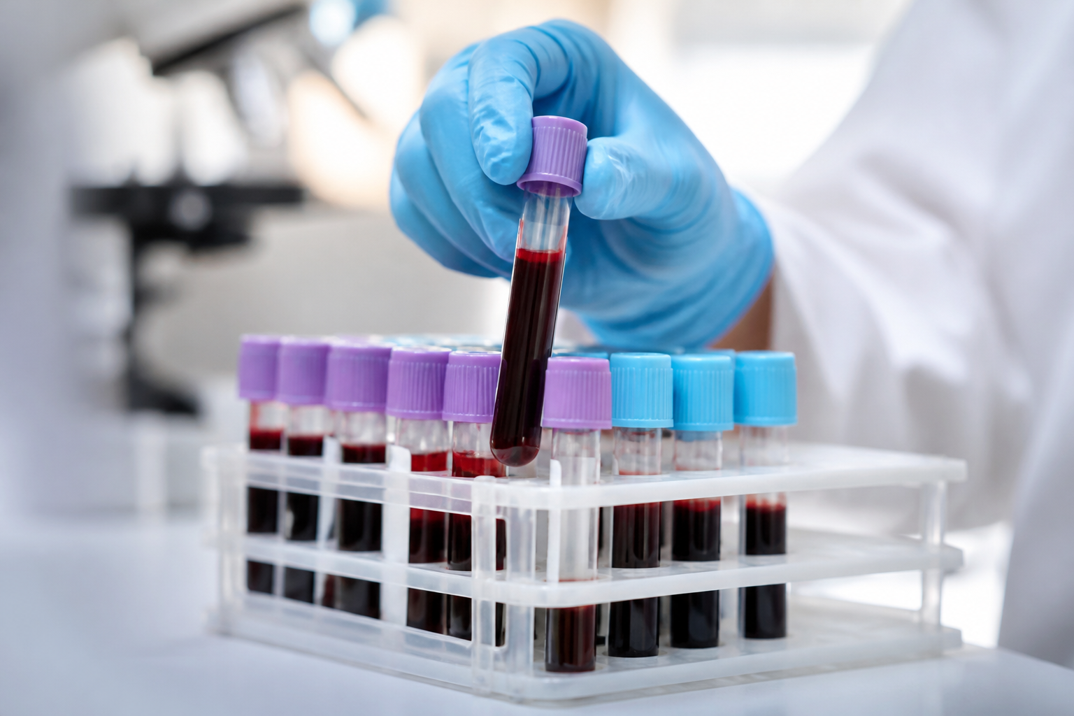Professional medical setting showing blood sample tubes in a rack, clean clinical lighting, shallow depth of field.