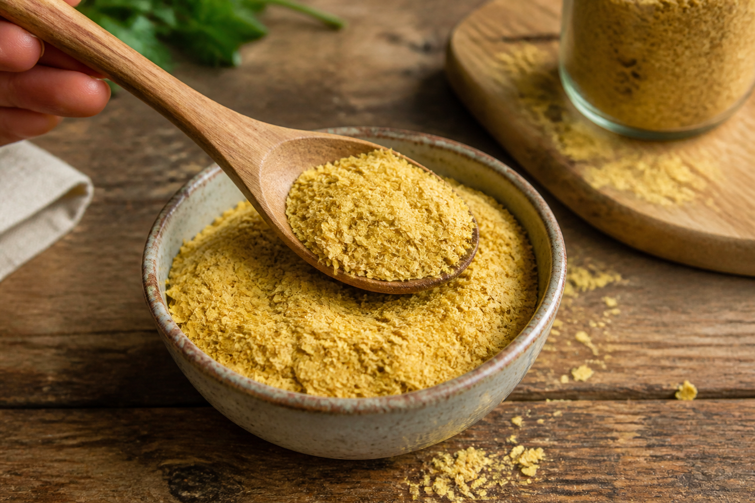 A wooden spoon scooping yellow nutritional yeast flakes from a ceramic bowl, warm kitchen lighting, rustic aesthetic.