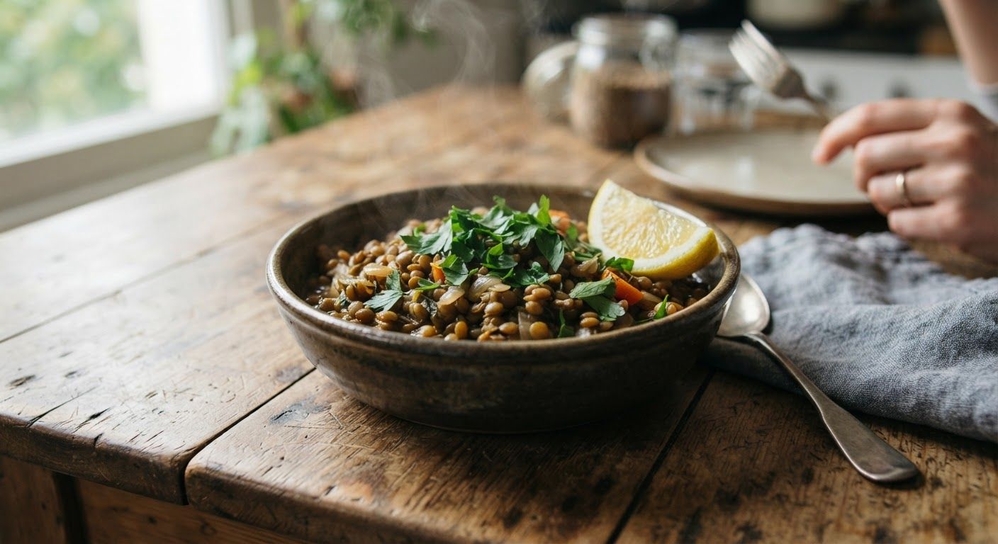 A steaming bowl of cooked brown lentils garnished with fresh chopped flat parsley and a freshly cut lemon wedge on a rustic wooden table.