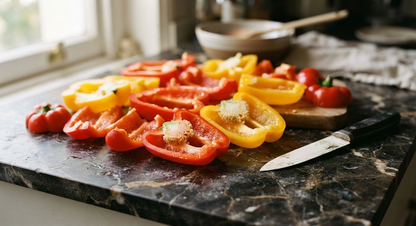 A vibrant macro still life of freshly sliced red and yellow bell peppers on a dark marble countertop in soft morning sunlight.
