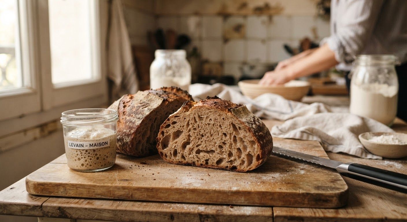 An artisanal loaf of sourdough whole-wheat bread sliced open to display an airy crumb, beside a small jar of sourdough starter in warm kitchen light.