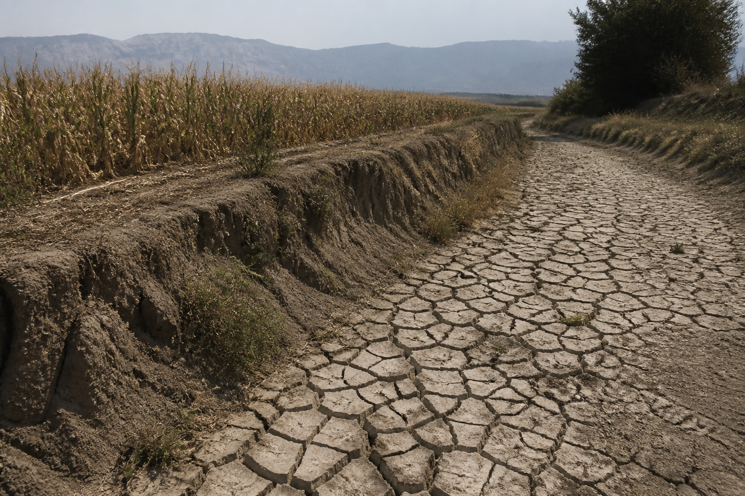 Dry cracked riverbed beside farmland during drought, wide environmental photograph with no people posing.