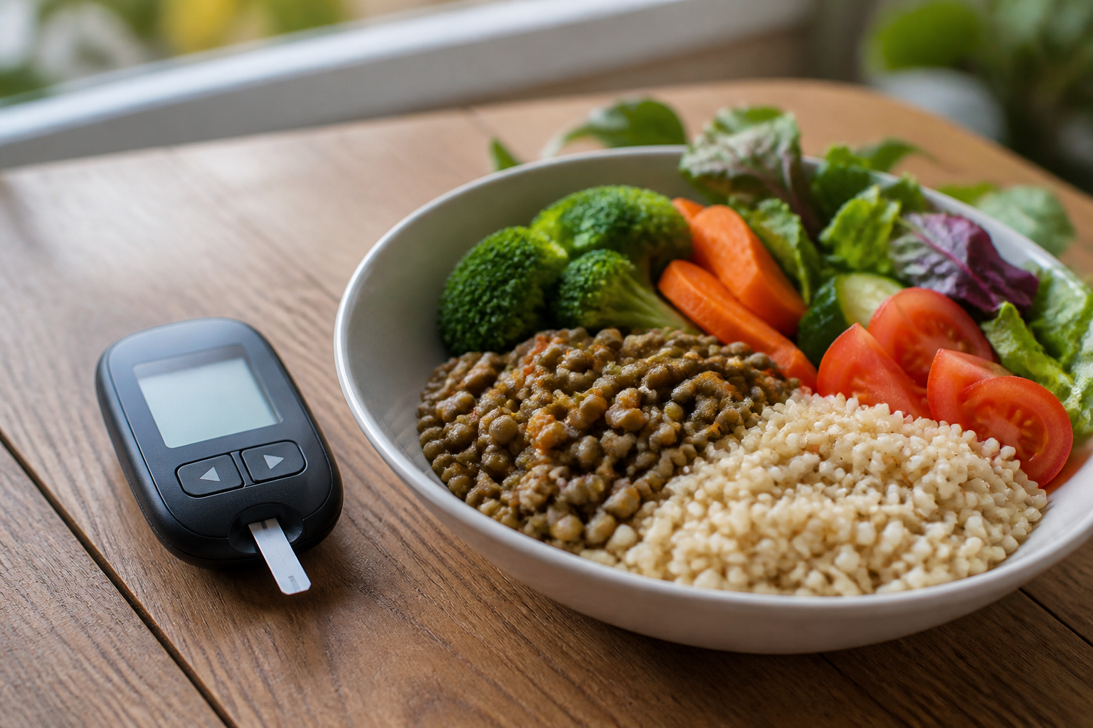 Blood glucose meter beside a bowl of lentils, brown rice and vegetables on a kitchen table, realistic editorial photo.
