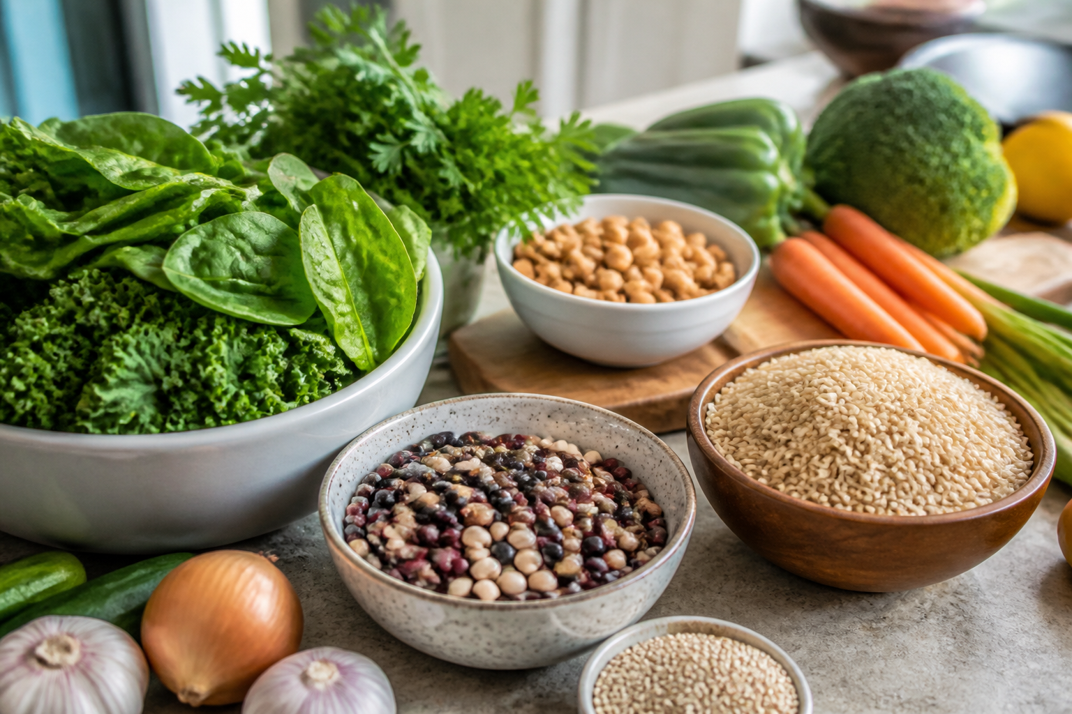 Fresh leafy greens, beans and intact grains arranged for cooking, close natural-light documentary food image.