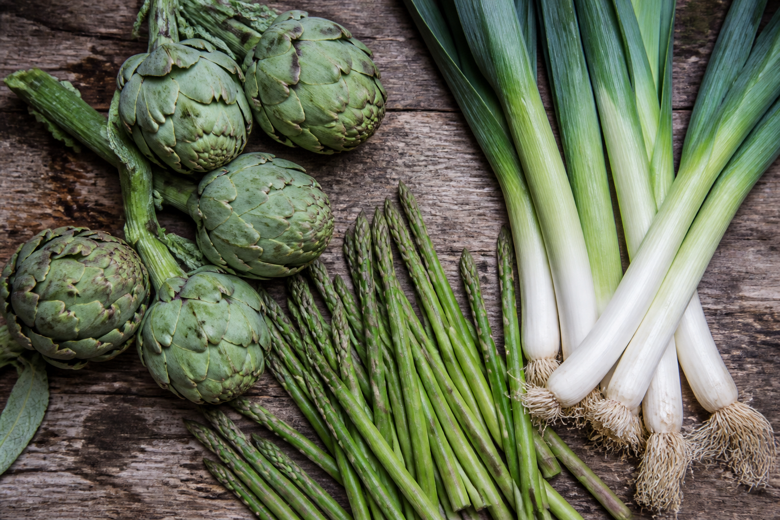 A still life of raw artichokes, leeks, and asparagus stalks arranged on a weathered wooden table, emphasizing the fibrous vegetable structures, top-down view.