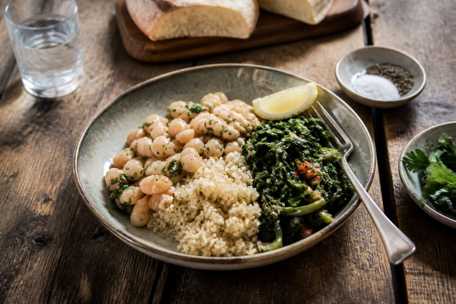Simple Mediterranean plant-based meal with beans, greens and whole grains on a rustic table, documentary style.