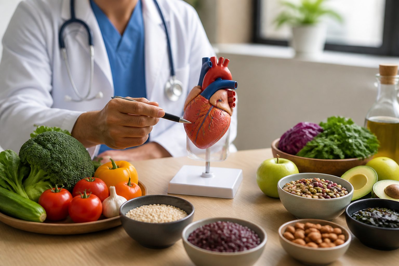 Clinician desk with a heart model beside bowls of vegetables and grains, realistic health editorial composition.