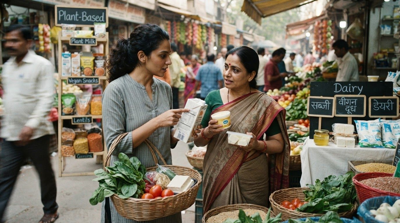 वीगन क्या होता है? शाकाहारी बनाम वीगन के 6 भ्रम और सच — एआई द्वारा बनाया गया चित्र · One Fork