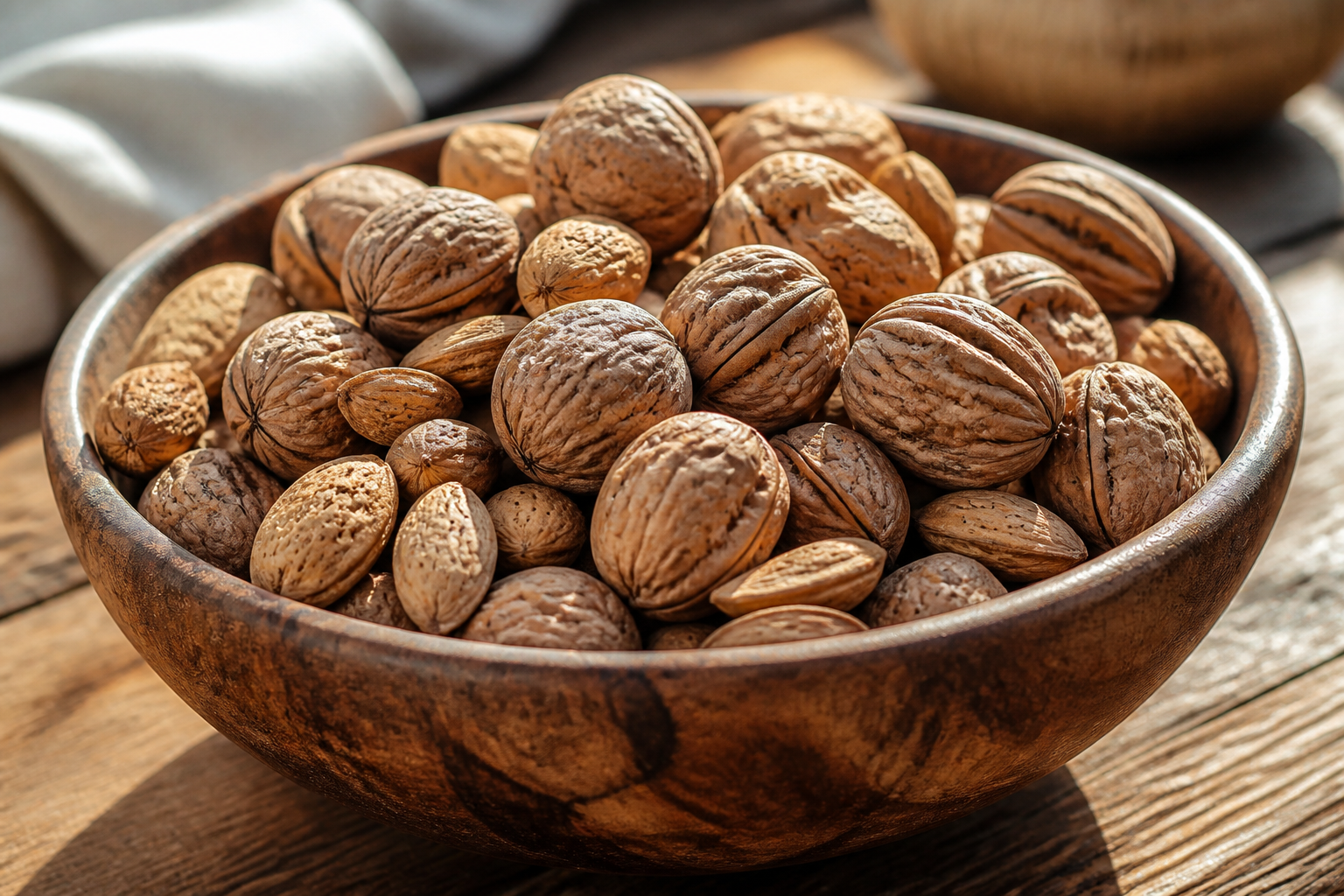 A close-up, high-detail photograph of a variety of unshelled walnuts and almonds in a rustic wooden bowl on a sunlit table.