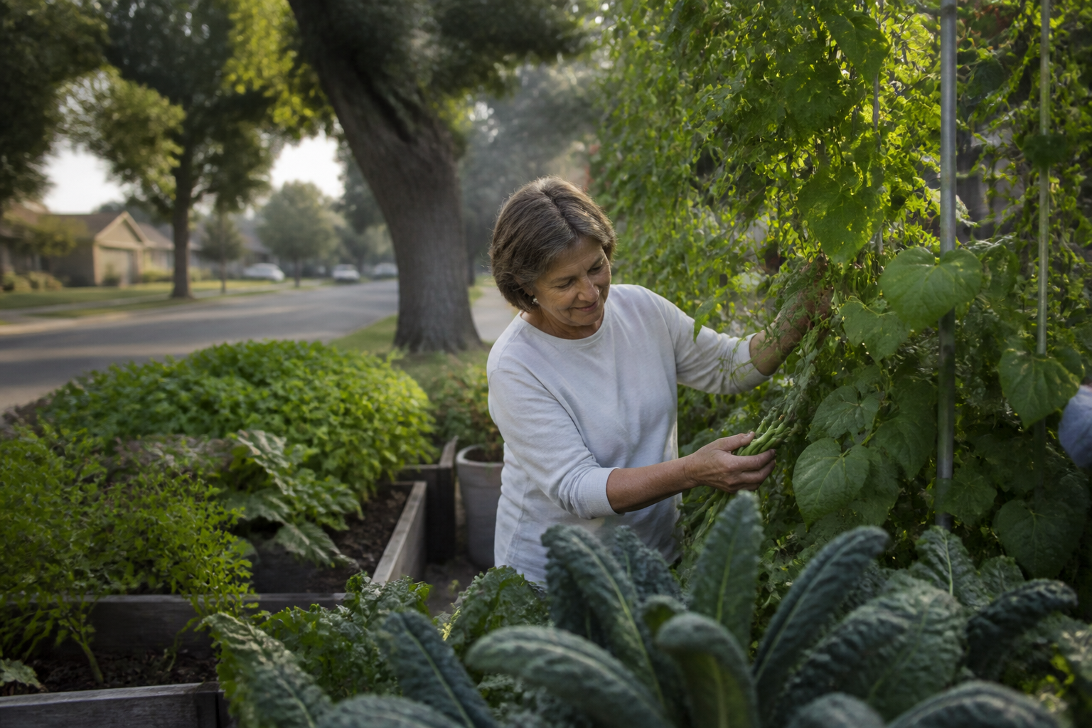 A lush community vegetable garden in a California suburb, vibrant green kale and bean plants, with soft focus background of a quiet residential street.
