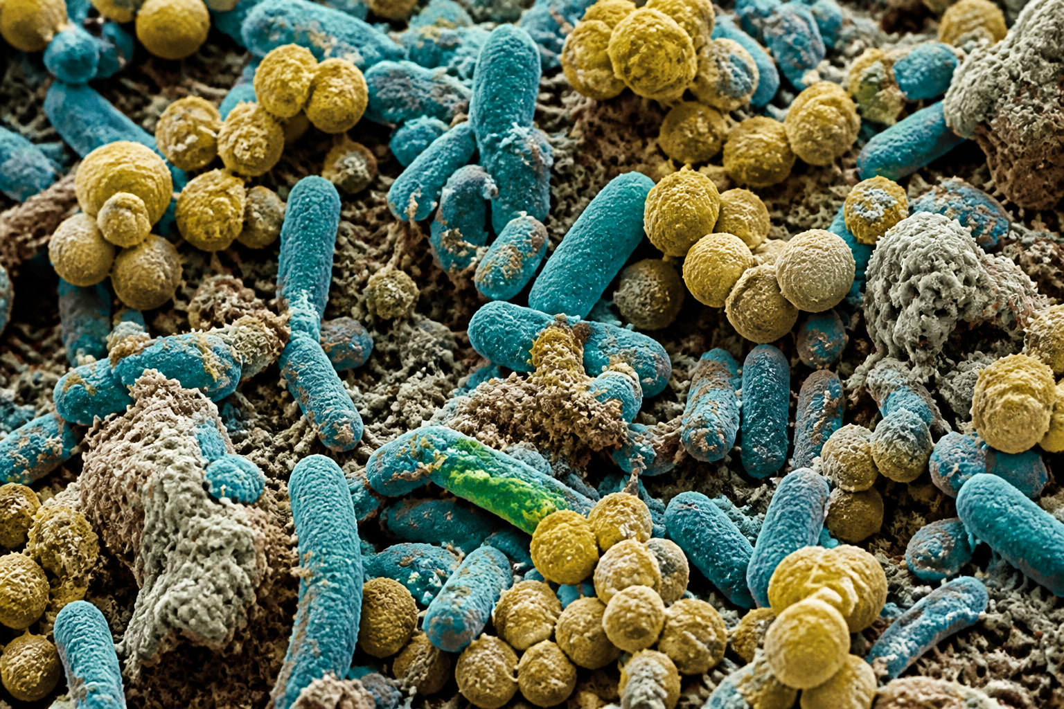 A detailed scientific visualization of gut bacteria colonies in vibrant shades of gold and blue, showing a diverse microbial ecosystem under a microscope.