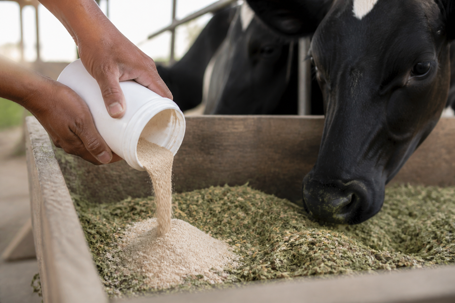 A close-up shot of granulated mineral supplements mixed into organic cattle feed in a wooden trough within a modern farm setting.