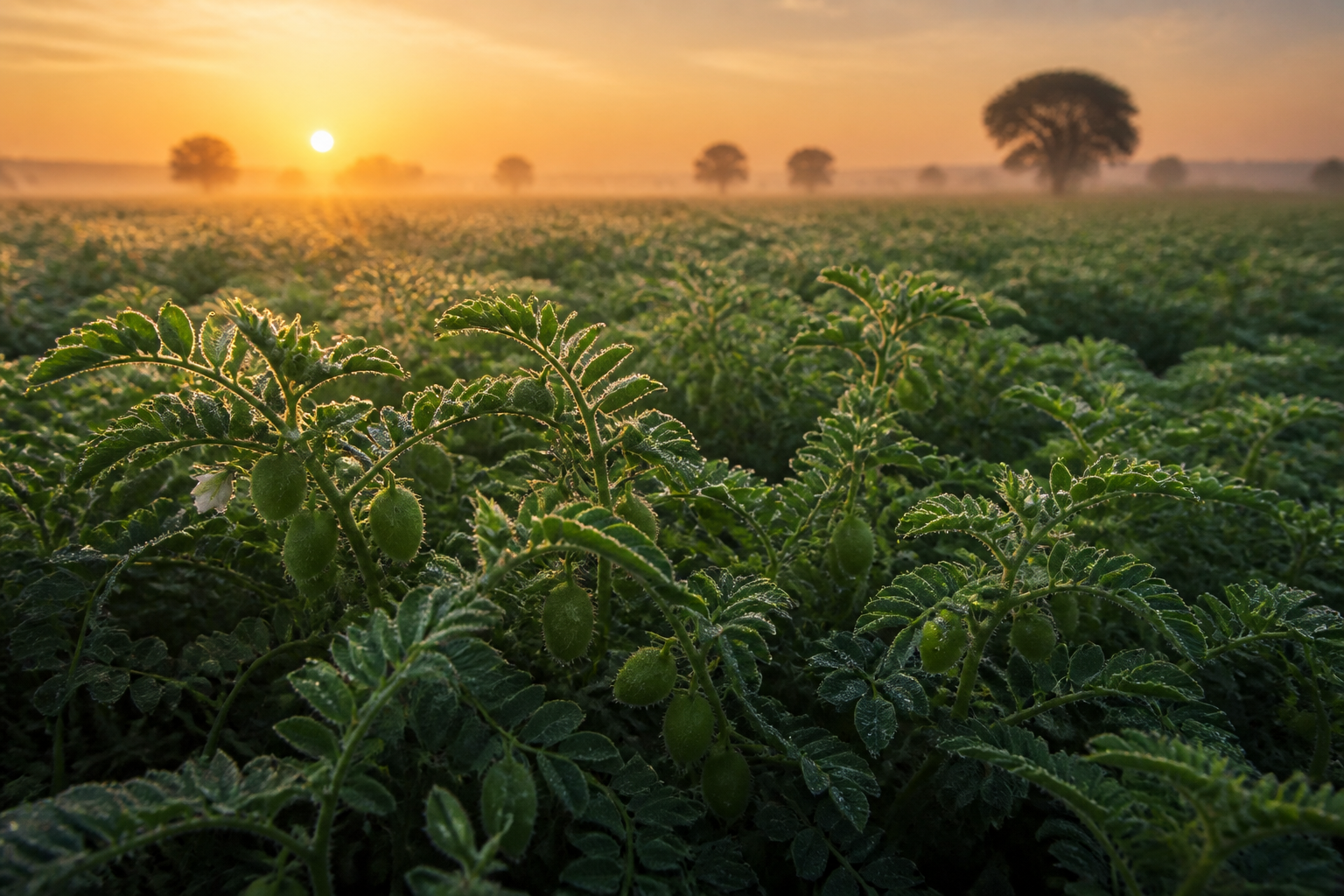 A wide-angle landscape shot of a lush green chickpea field at sunrise, with dew drops on the leaves and soft golden lighting.