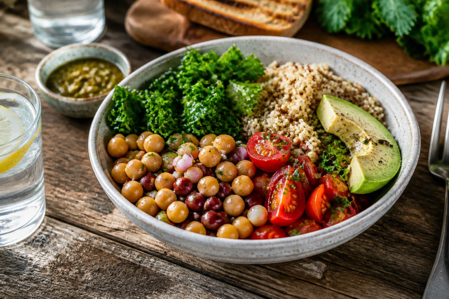 Simple Mediterranean plant-based meal with beans, greens and whole grains on a rustic table, documentary style.
