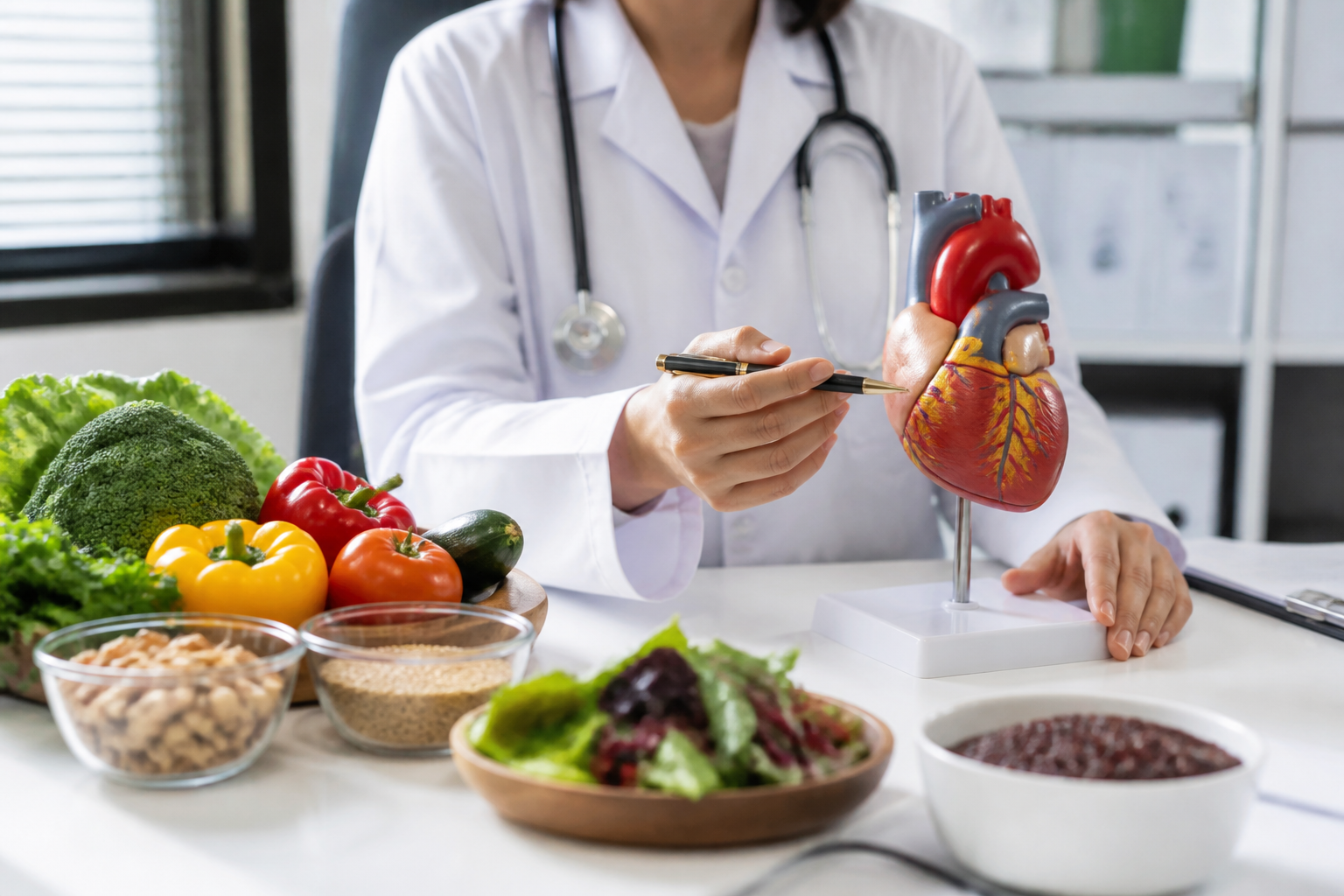 Clinician desk with a heart model beside bowls of vegetables and grains, realistic health editorial composition.