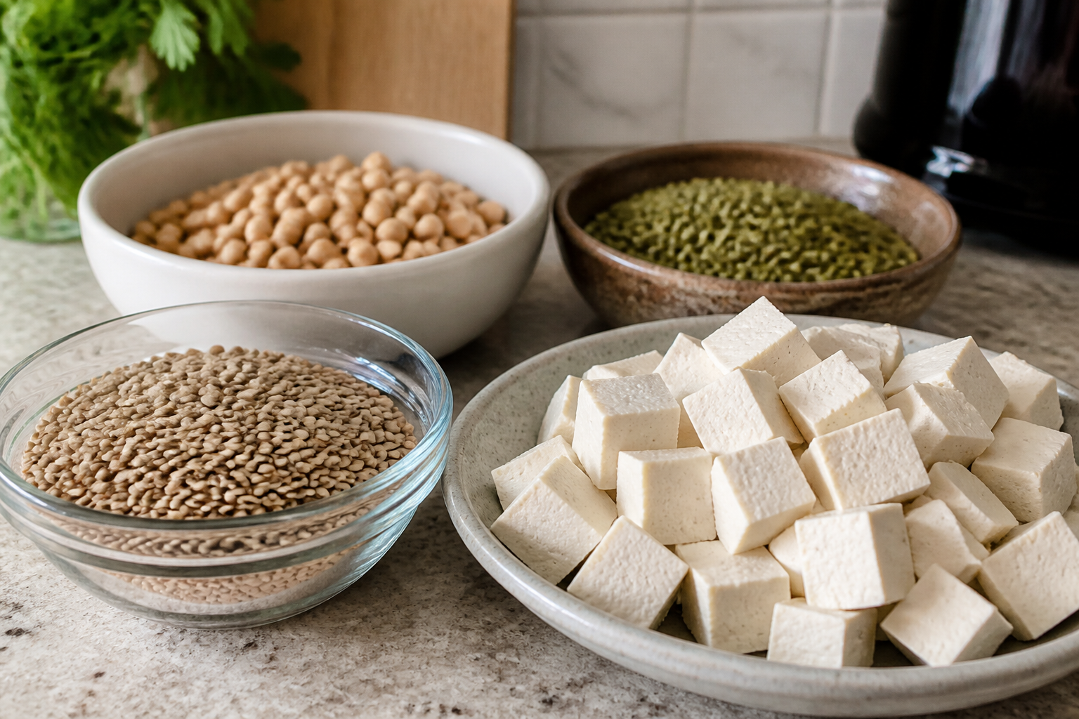 Bowls of lentils, chickpeas and tofu on a kitchen counter, natural light close documentary composition.