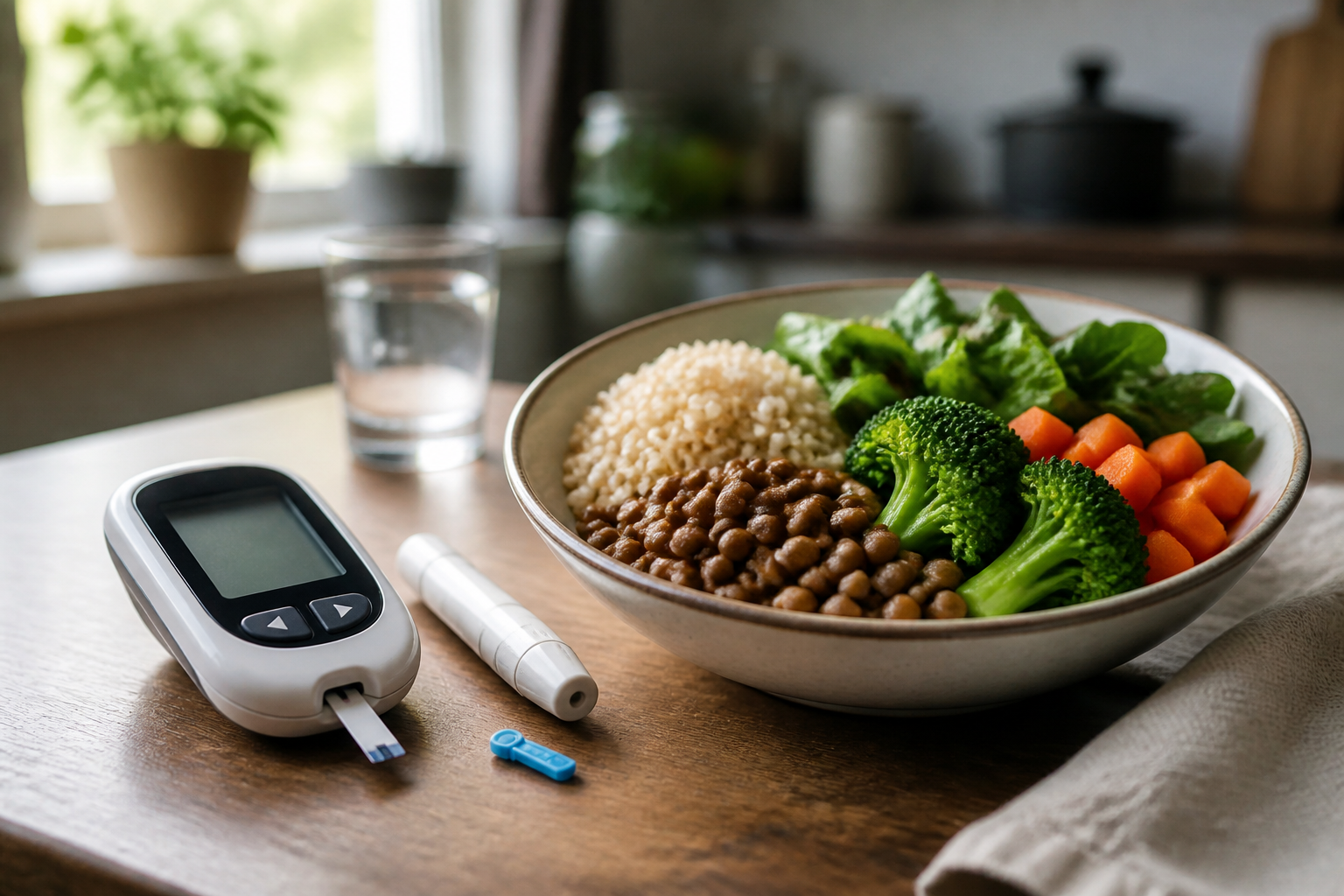 Blood glucose meter beside a bowl of lentils, brown rice and vegetables on a kitchen table, realistic editorial photo.