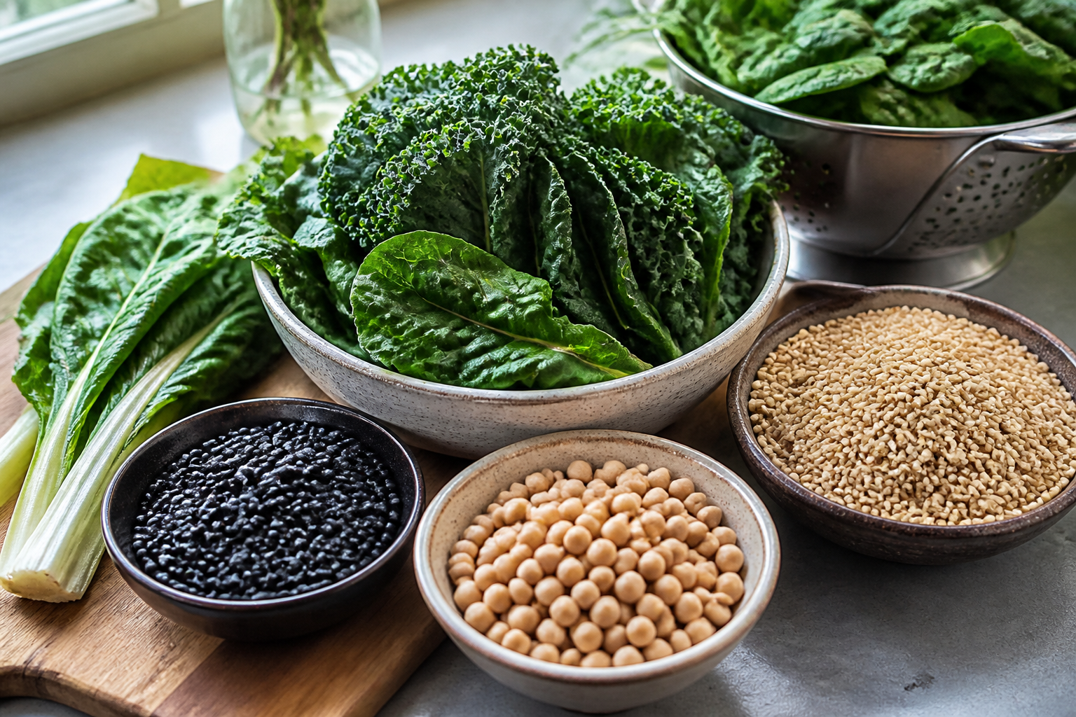 Fresh leafy greens, beans and intact grains arranged for cooking, close natural-light documentary food image.