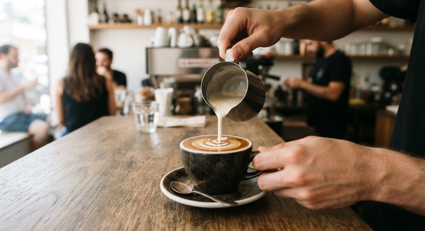 Creamy oat milk pouring into a dark espresso cup, creating microfoam swirls on a clean minimalist cafe table.