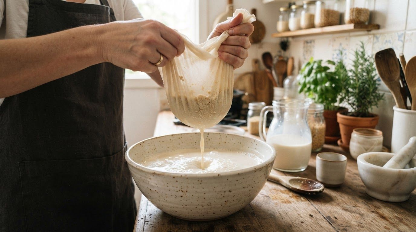 A fine mesh cloth strainer filtering freshly prepared soy milk into a large ceramic bowl in a bright kitchen.