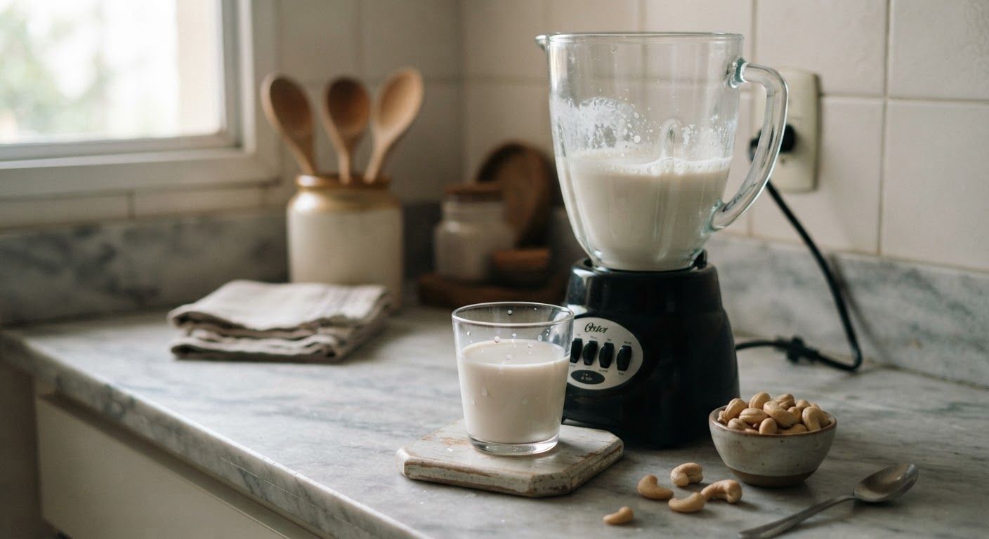 A clean glass blender containing white cashew nut milk alongside a glass of finished milk and whole cashews on marble.