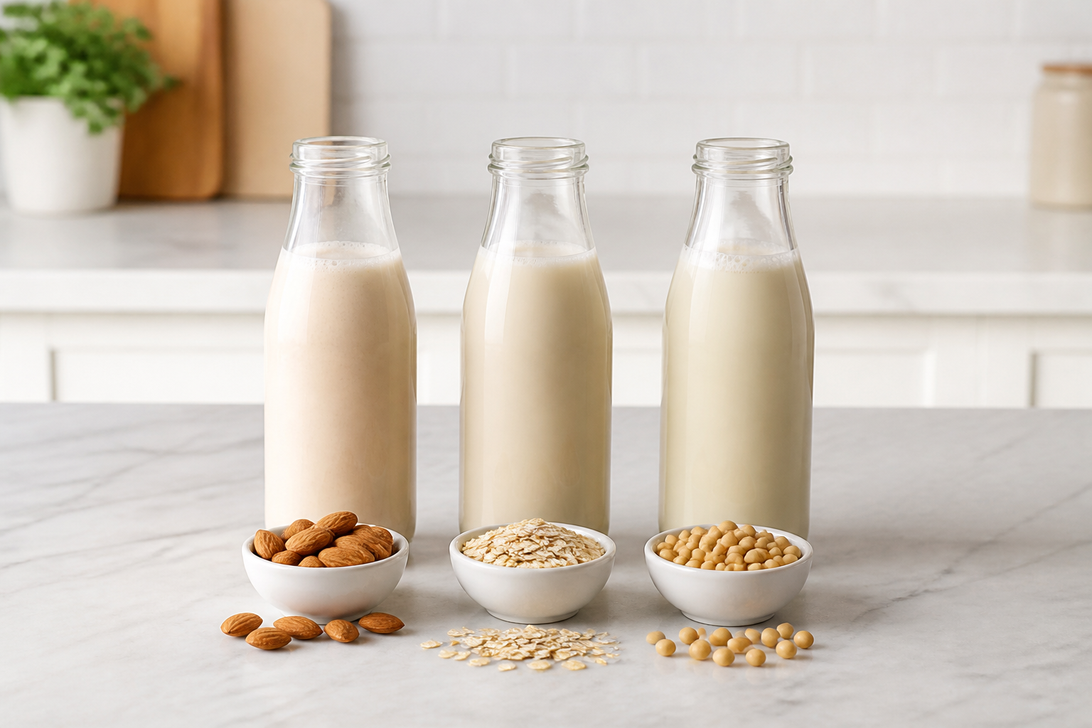 Three glass bottles of plant-based milks: almond, oat, and soy, arranged neatly against a minimalist white kitchen background, soft shadows.
