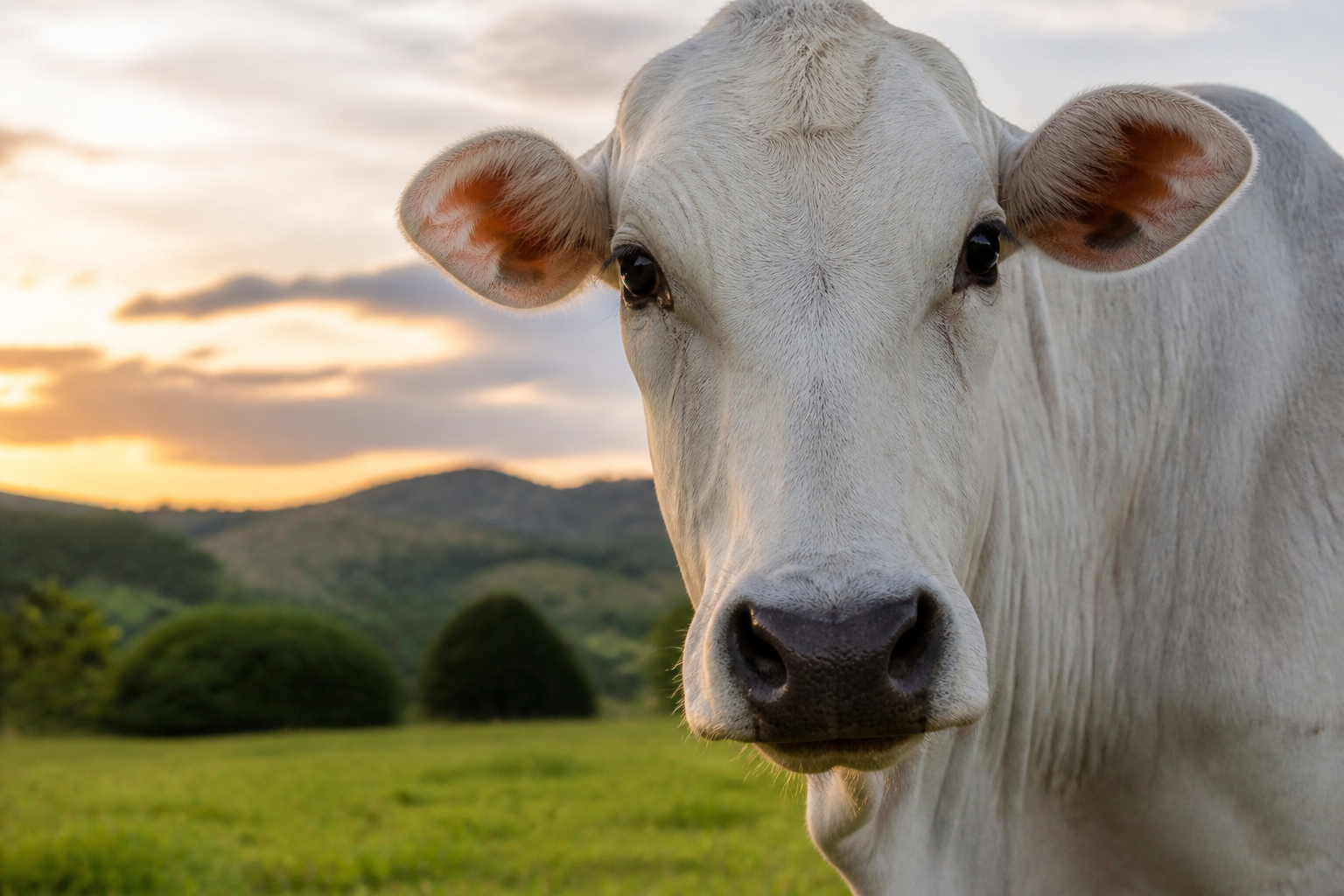 A close-up portrait of a cow in a lush green Brazilian pasture, soft sunset light, peaceful atmosphere, sharp focus on the eyes.