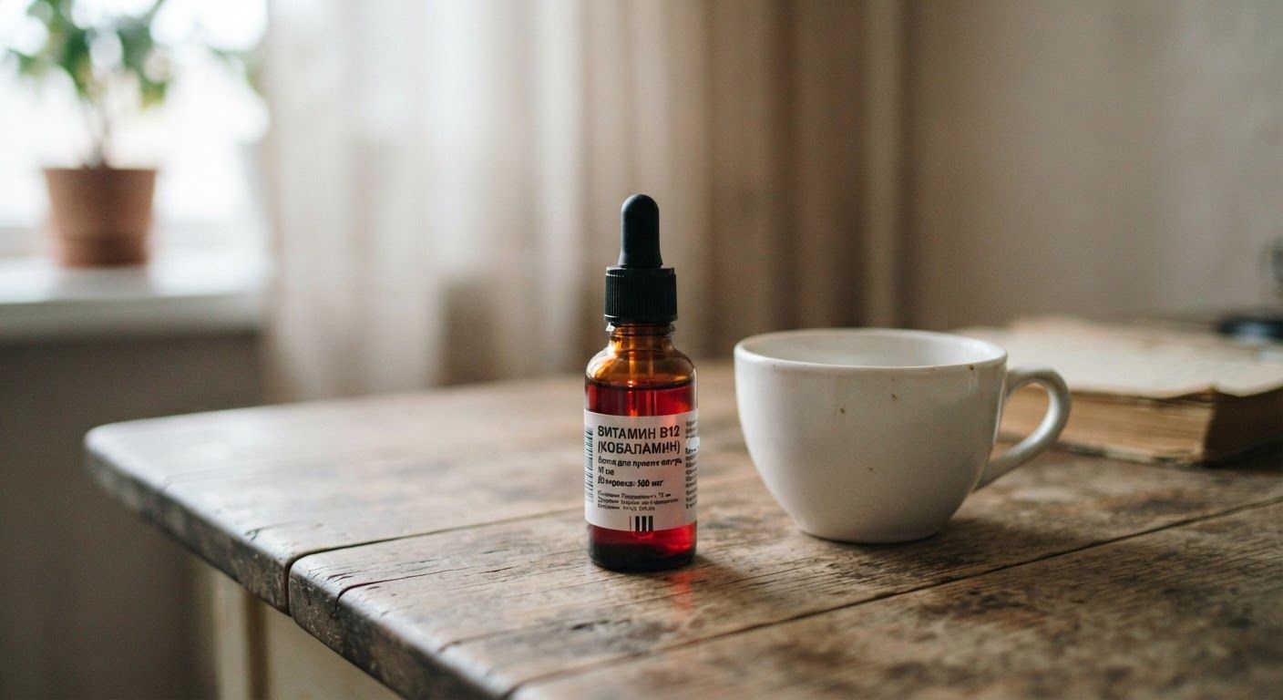 A glass dropper bottle containing red-tinted vitamin cobalamin liquid placed beside an empty porcelain cup, bright diffuse interior light.