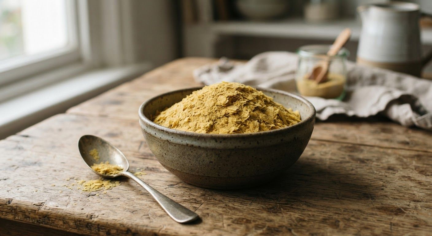 Golden-yellow fortified nutritional yeast flakes heaped inside a minimalist stoneware bowl on an unvarnished natural wooden table.