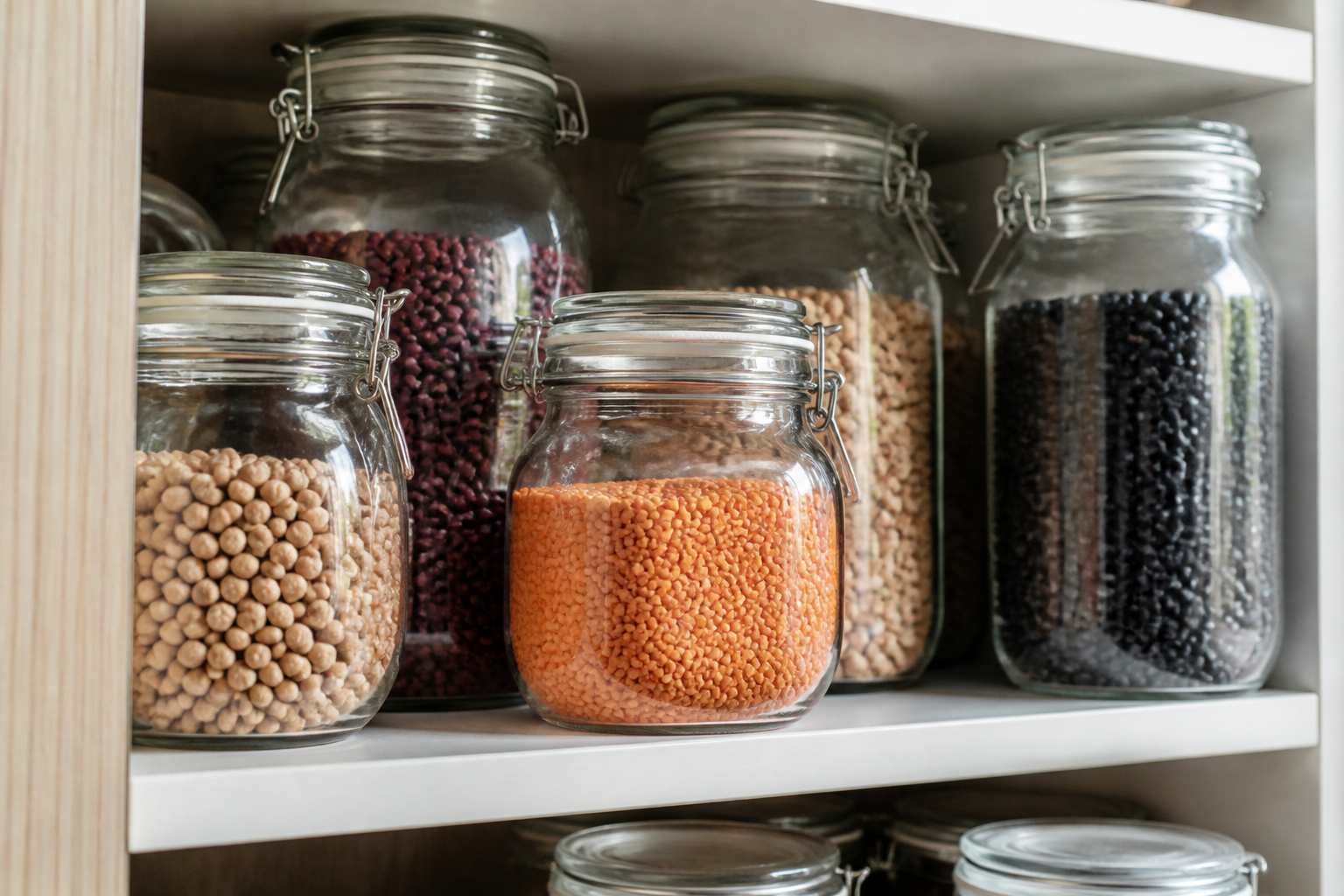Multiple glass jars filled with colorful dried legumes: red lentils, chickpeas, black beans, neatly arranged on a minimalist pantry shelf.
