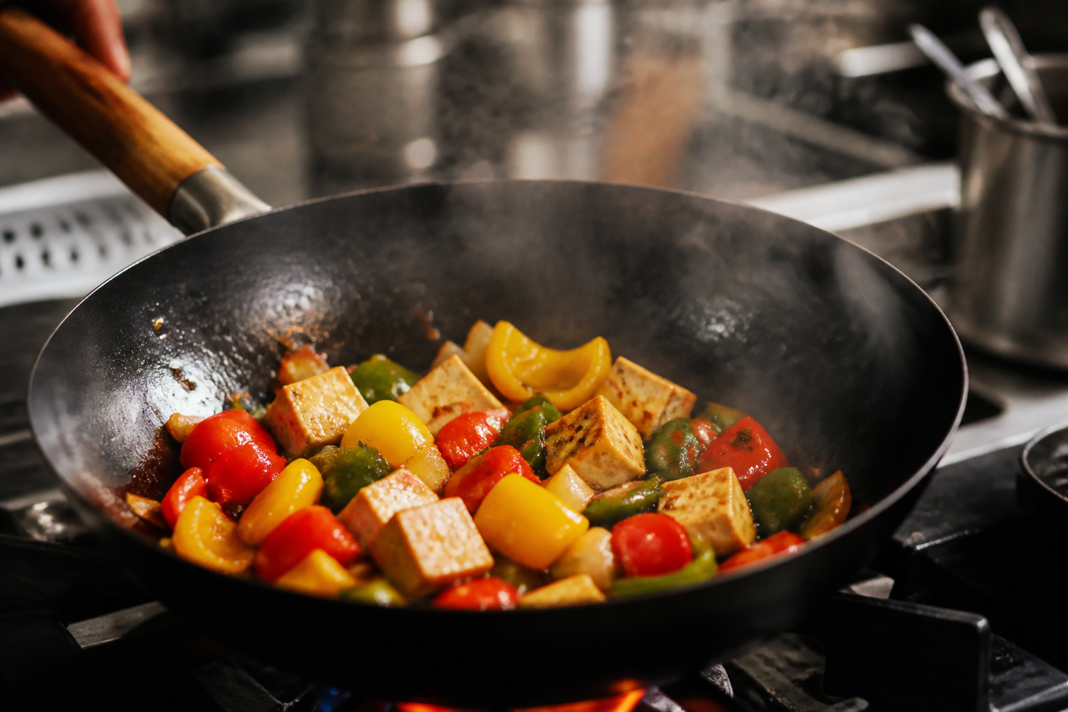 A close-up shot of tofu cubes and colorful bell peppers being tossed in a wok with steam rising, professional kitchen lighting.