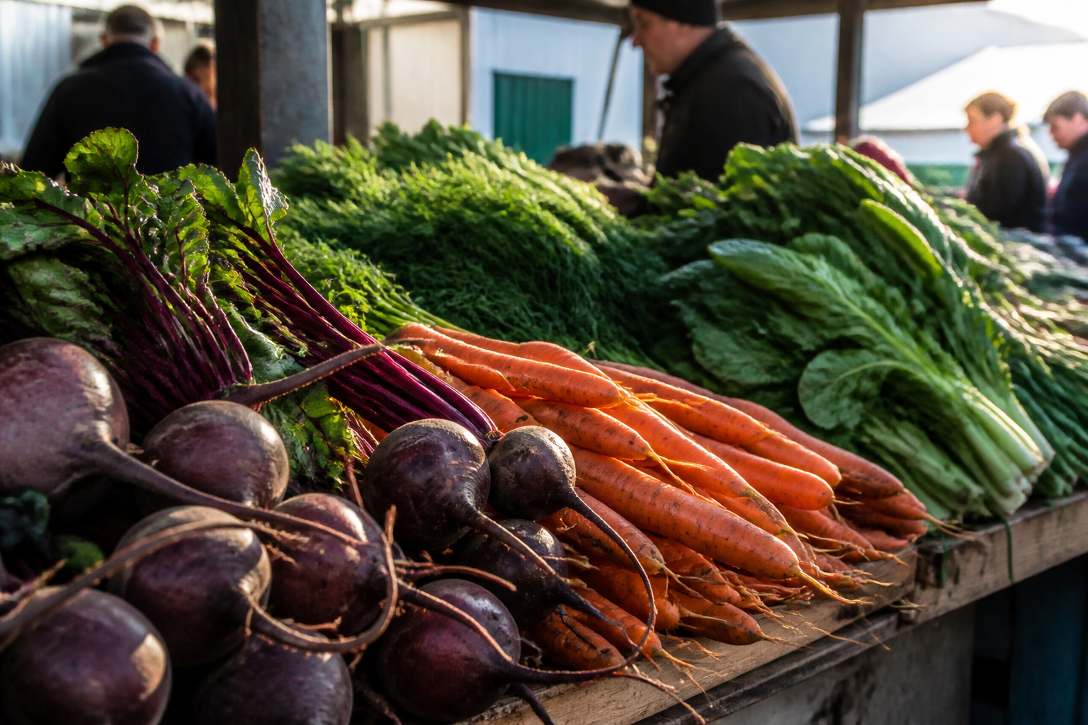A rustic outdoor market stall in Russia featuring fresh beets, carrots, and dark greens, soft morning sunlight, shallow depth of field.