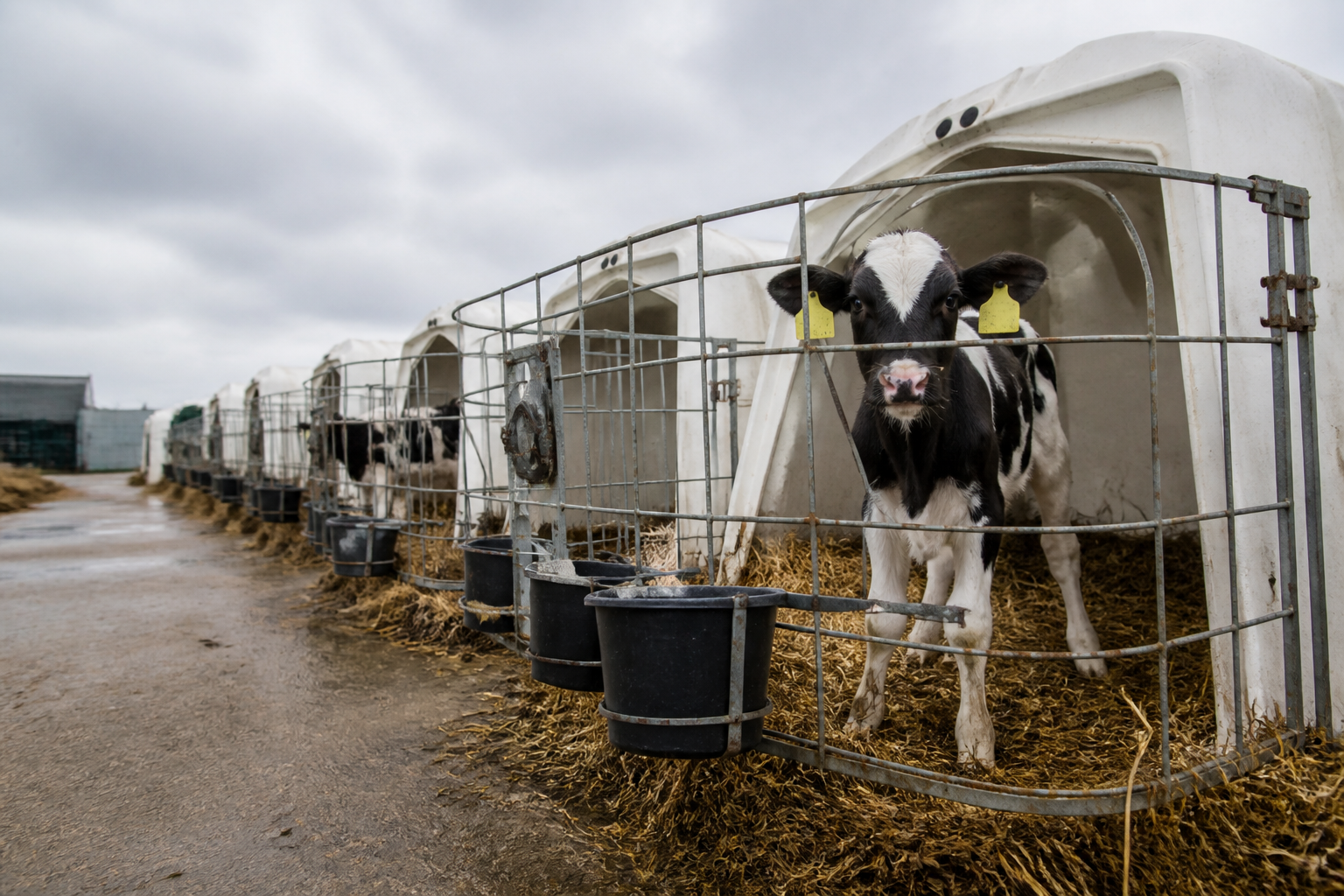 Young calves in individual hutches on a dairy farm lane under overcast daylight, photographed from ground level.