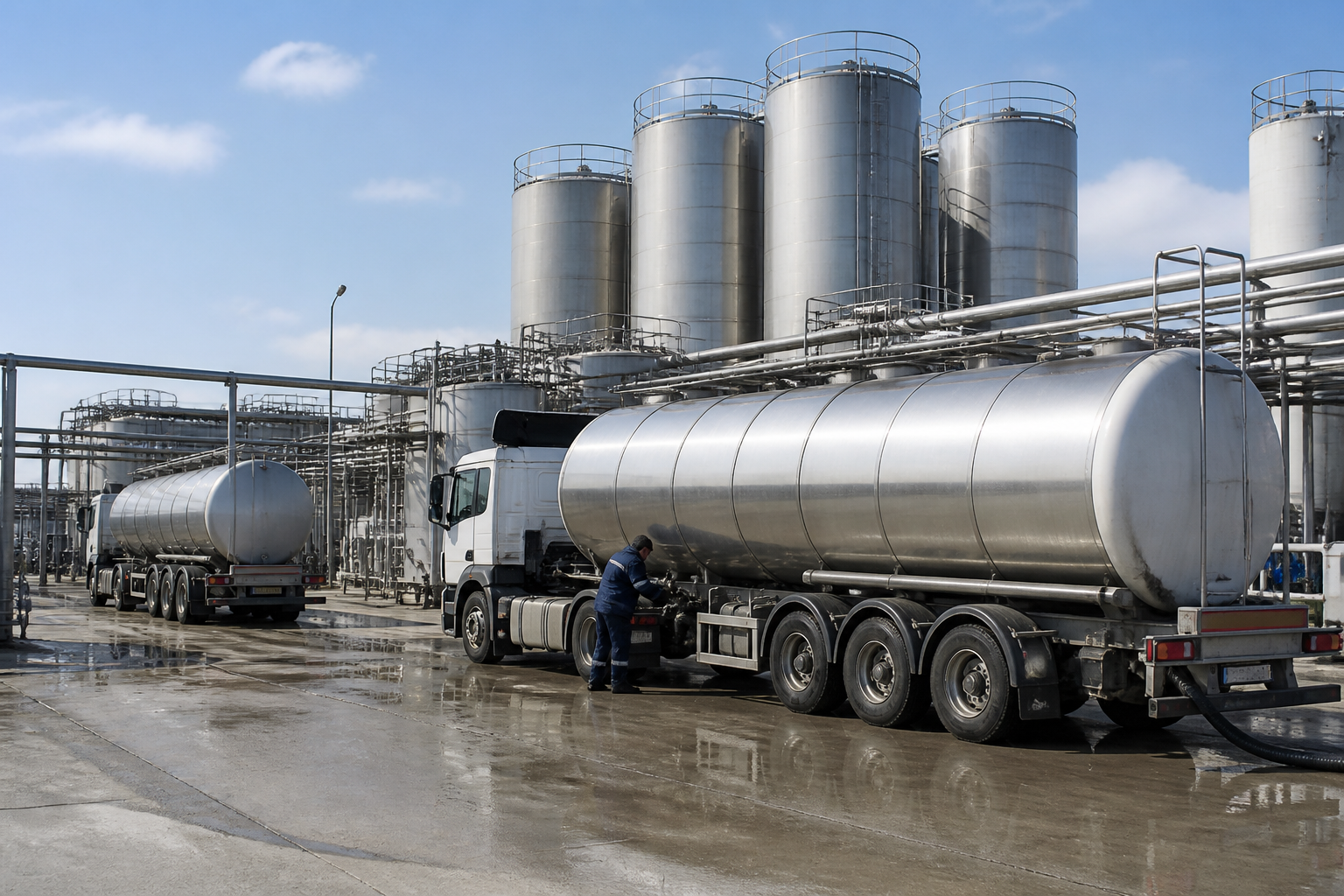 Exterior of a large milk processing plant with tanker trucks and industrial pipes in realistic daylight.