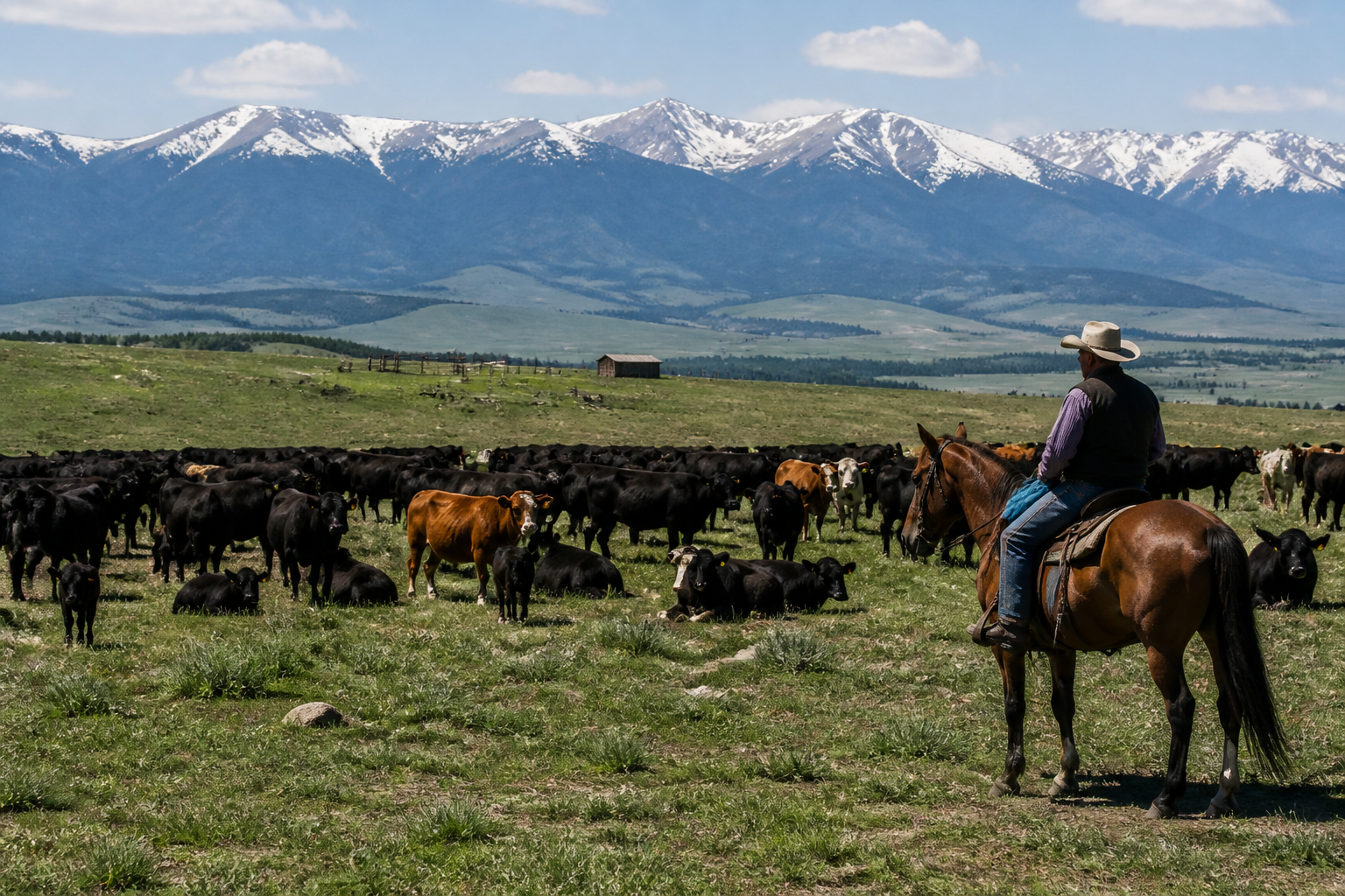 A sprawling cattle ranch in Montana with a backdrop of snow-capped mountains and green pastures.